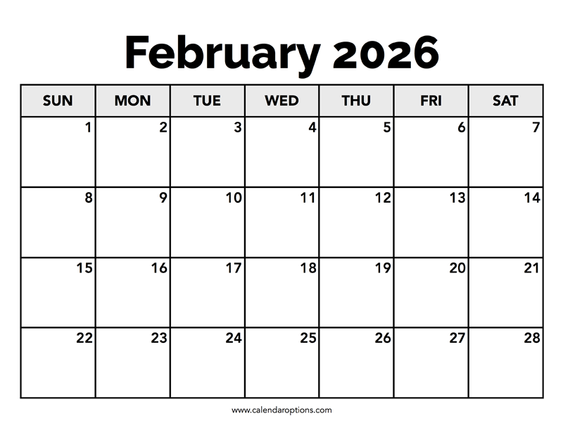 blank February 2026 calendar