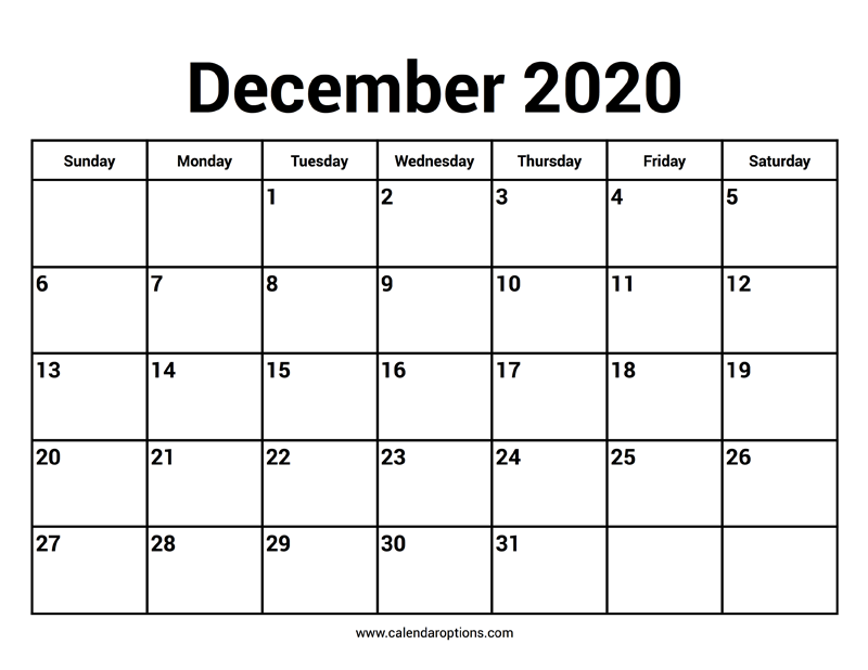 December 2020 Calendar Calendar Options