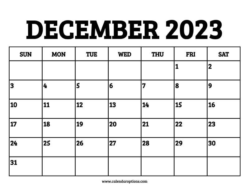 December 2023 Calendar Printable Calendar Options December 2023 Calendar Printable Calendar Options