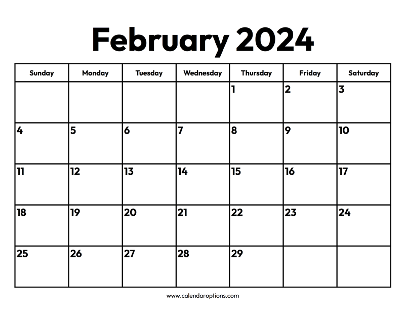 February 2024 Calendars In Black White Calendar Options