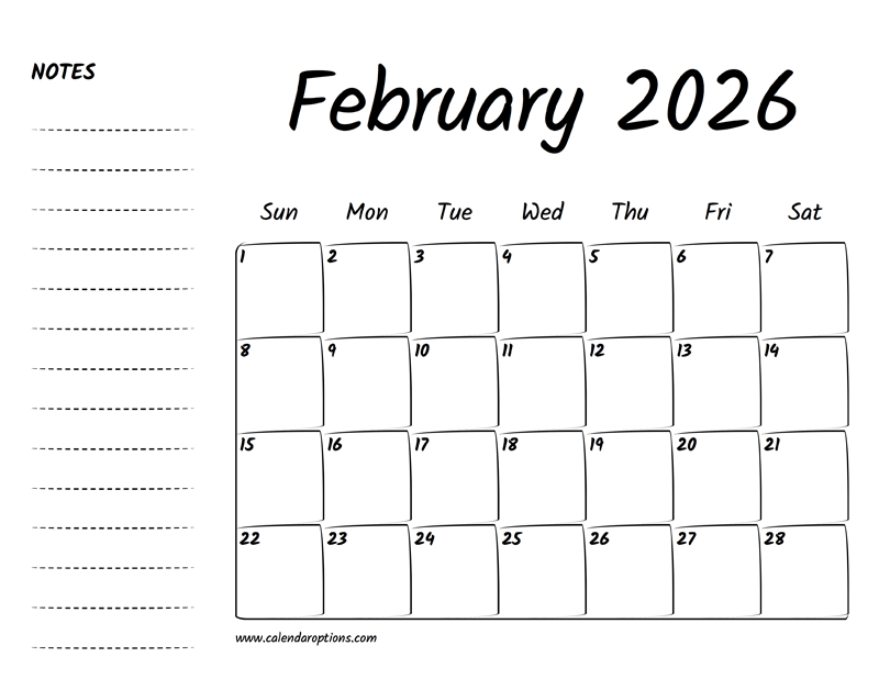 February 2026 calendar with notes