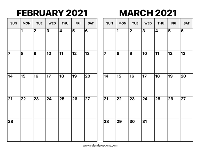 February And March 2021 Calendar Calendar Options