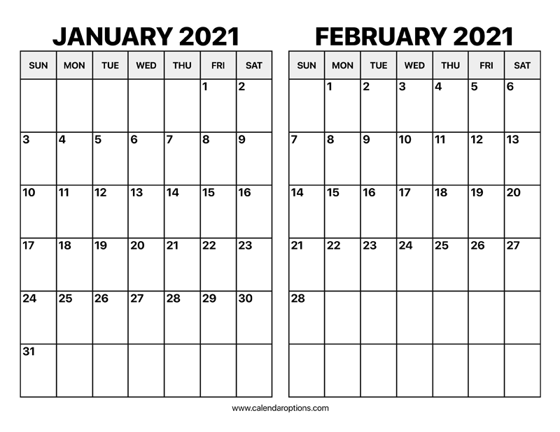 January And February 2021 Calendar Calendar Options