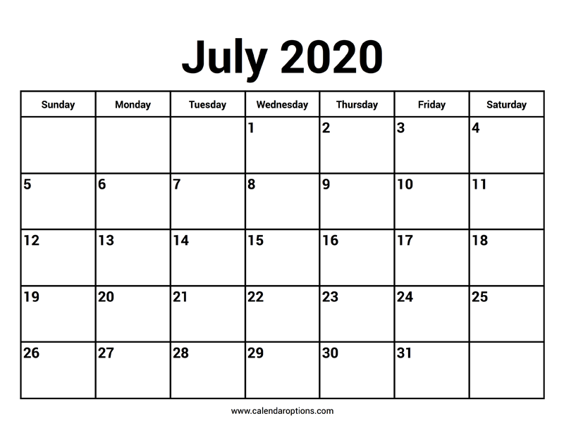 July 2020 Calendar Calendar Options