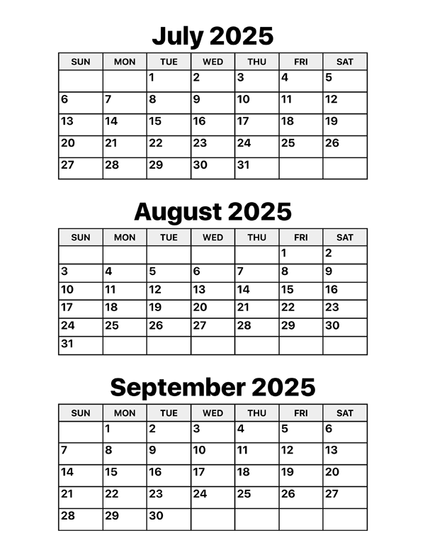 July, August and September 2025 Calendar – Calendar Options