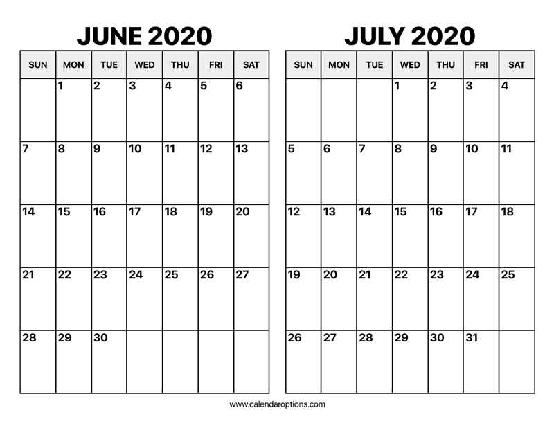 June And July 2020 Calendar Calendar Options