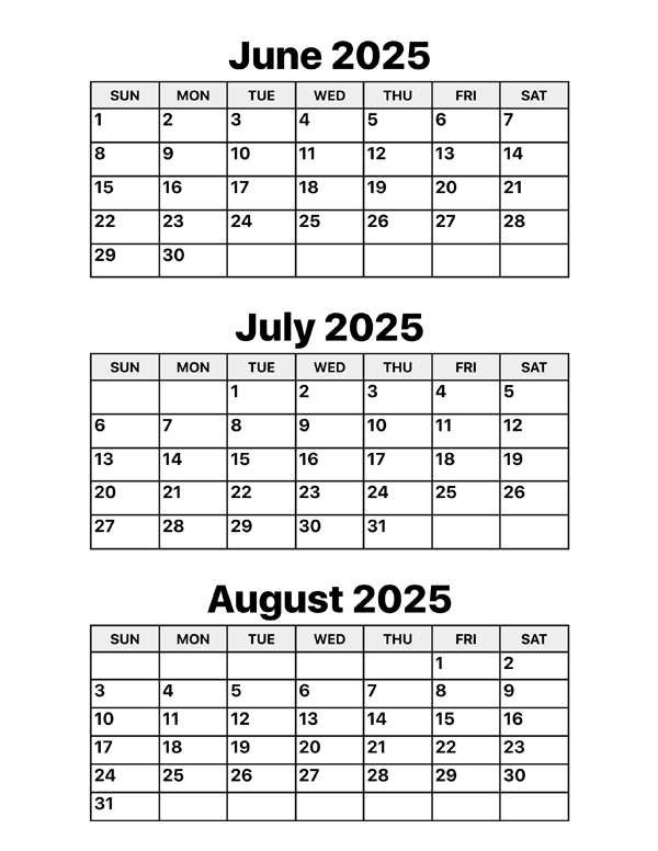 June July August 2025 Calendar – Calendar Options
