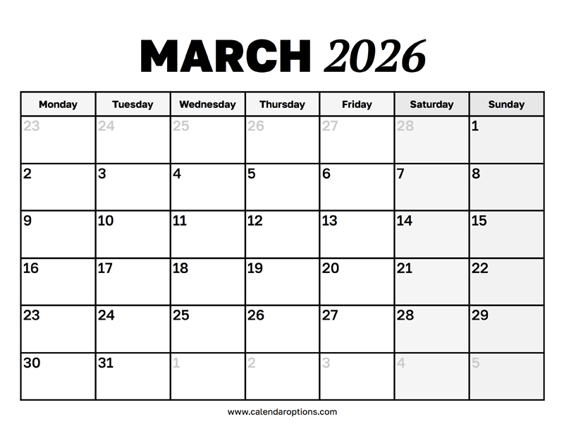 March 2026 calendar (Monday start)