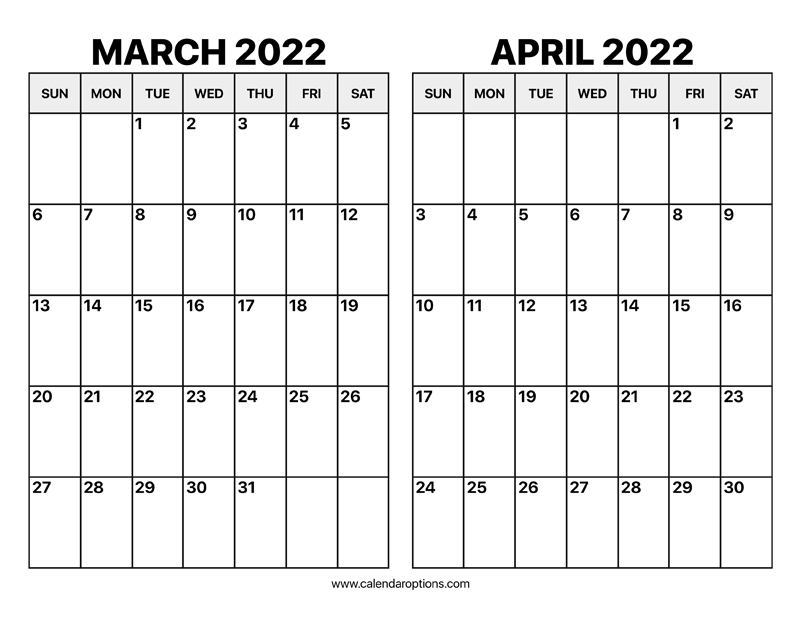 March And April 2022 Calendar Calendar Options