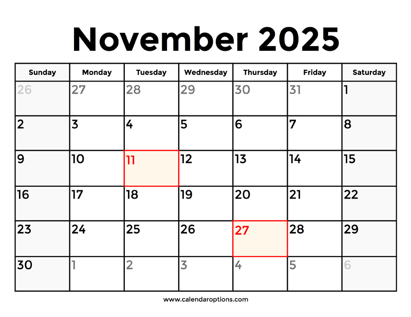 November 2025 Calendar With Holidays – Calendar Options