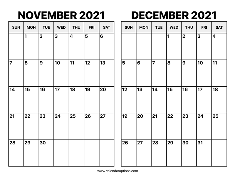 November And December 2021 Calendar Calendar Options