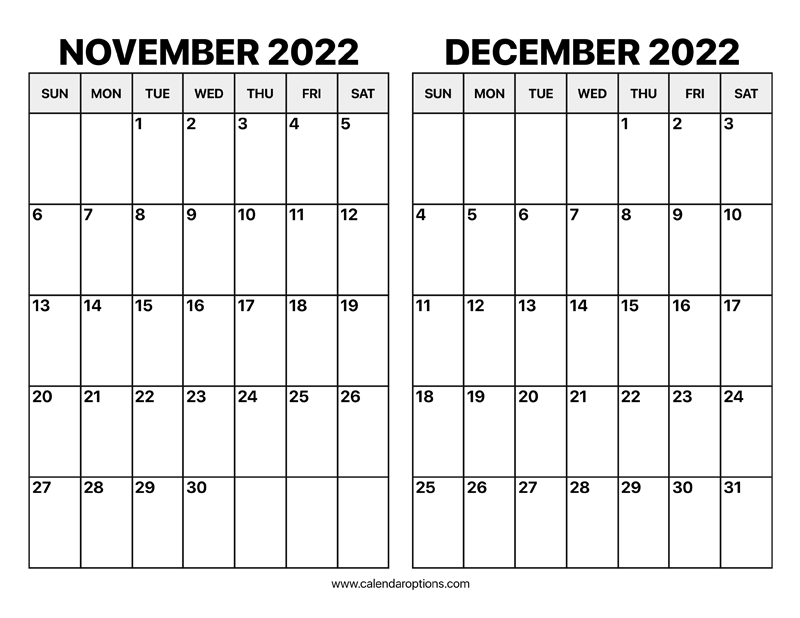 November And December 2022 Calendar Calendar Options
