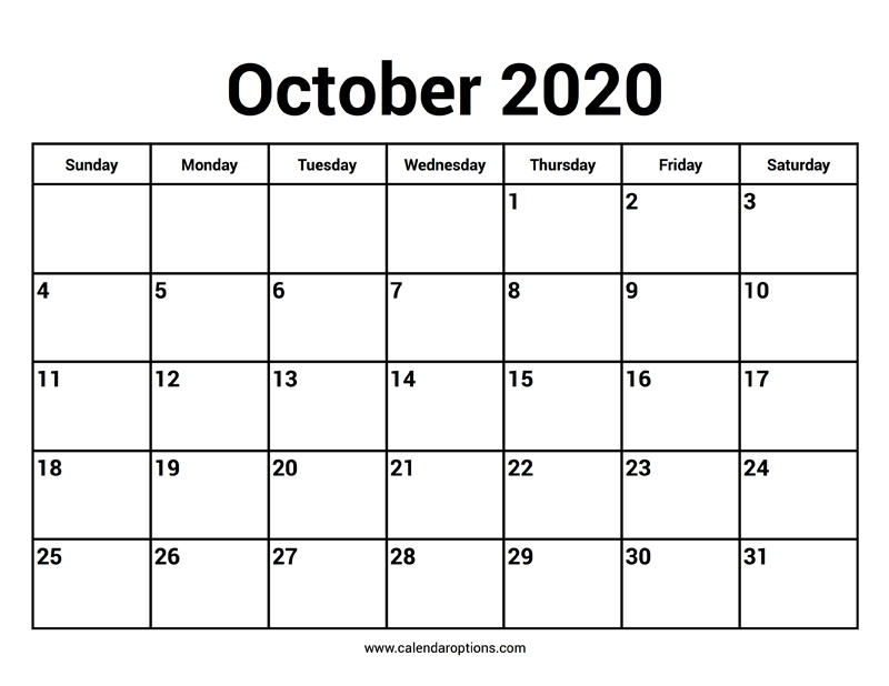 October 2020 Calendar Calendar Options October 2020 Calendar Calendar Options