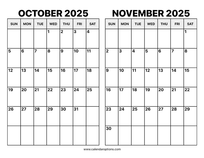 October and November 2025 Calendar – Calendar Options