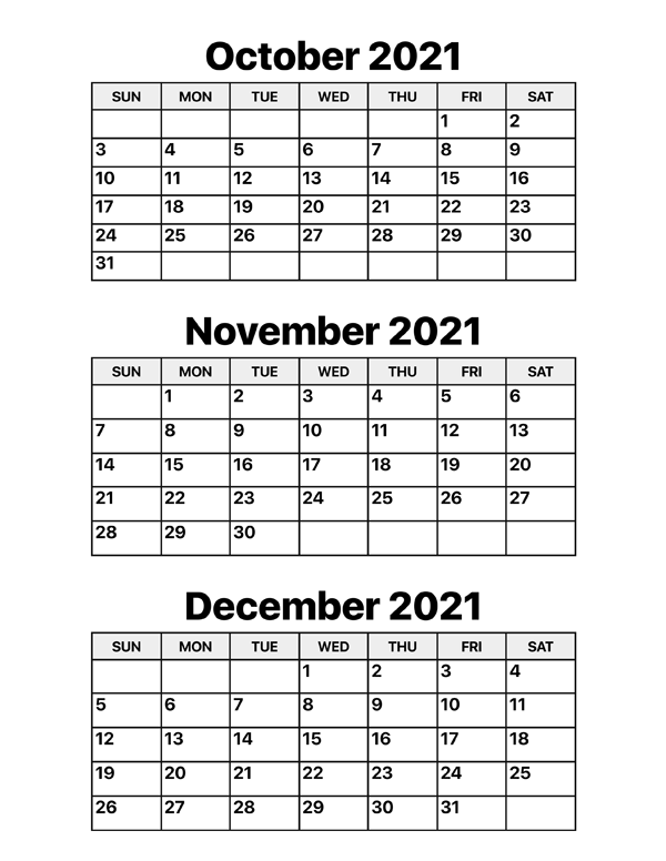 October November And December 2021 Calendar Calendar Options