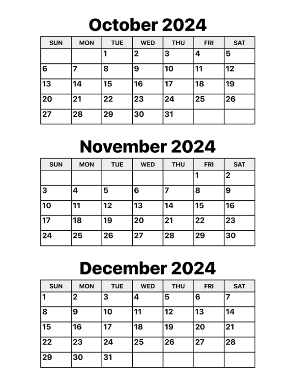 October November December 2024 Calendar Estel Janella