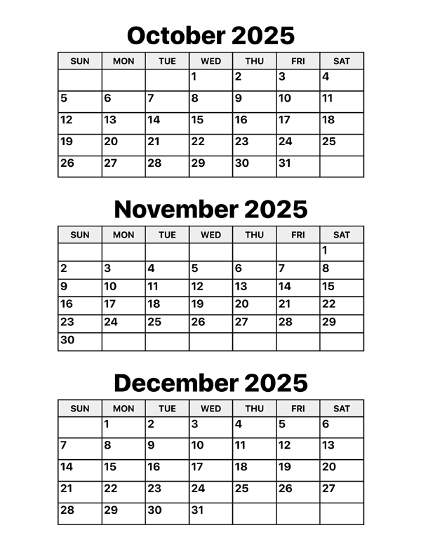 October, November and December 2025 Calendar – Calendar Options