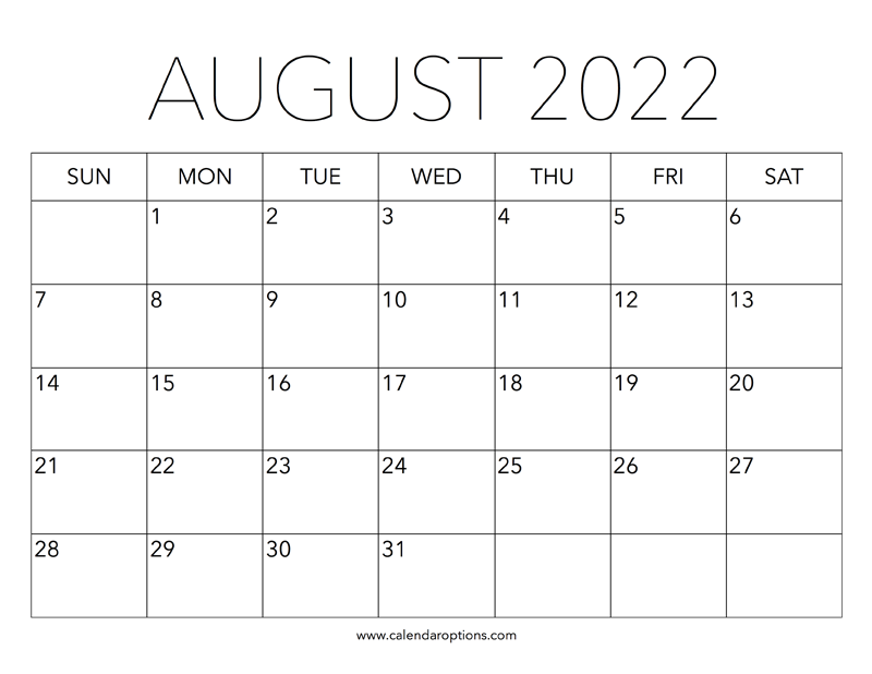 Printable August 2022 Calendar Calendar Options