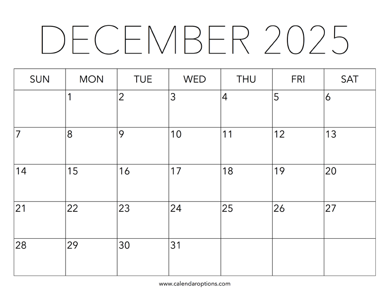 Printable December 2025 Calendar Calendar Options