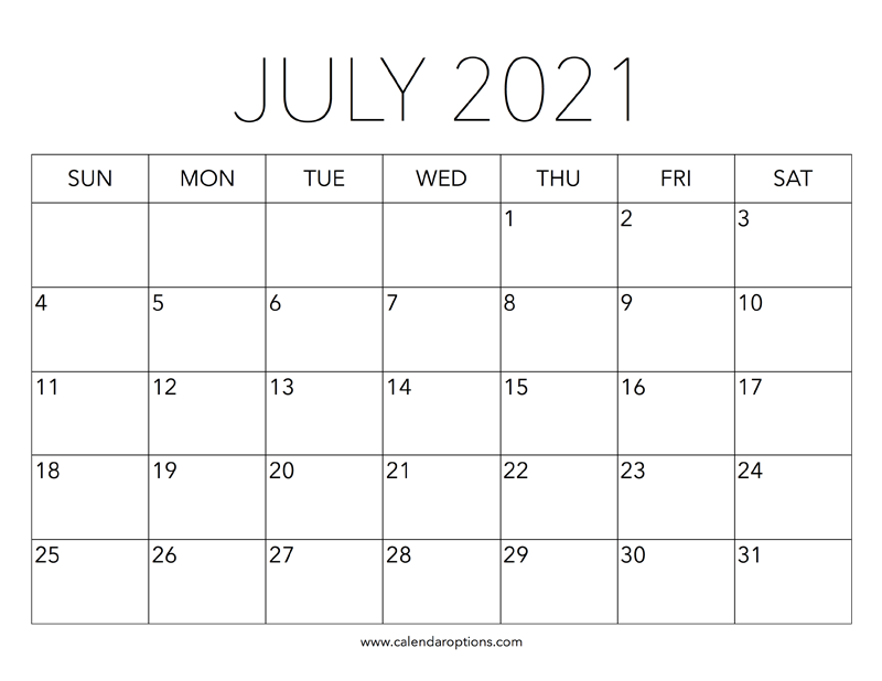 Printable July 2021 Calendar Calendar Options