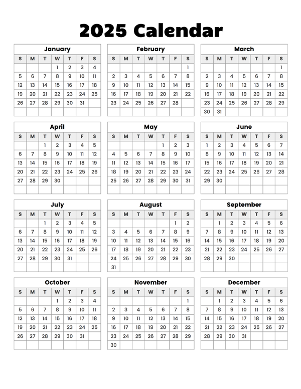 Year at a glance calendar 2025 – Calendar Options