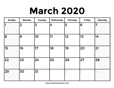 March 2020 Calendar With Holidays