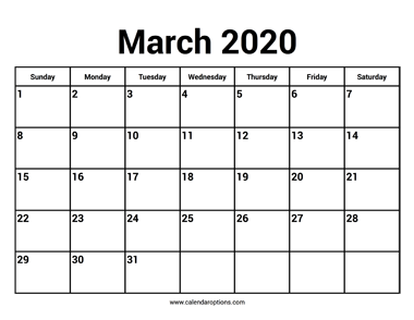 March 2020 Calendar