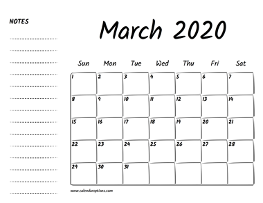 March 2020 Printable Calendar
