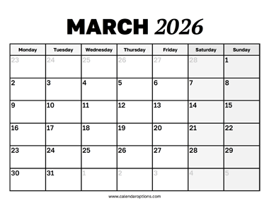 March 2026 Calendar Monday Start