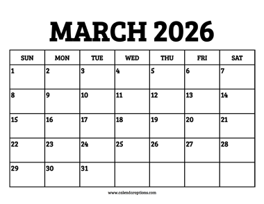 March 2026 Calendar Printable