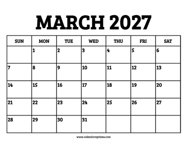 March 2027 Calendar Printable