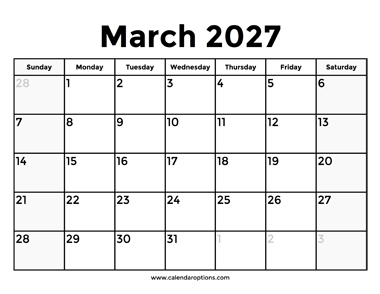March 2027 Calendar With Holidays