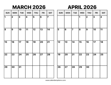 March and April 2026 Calendar