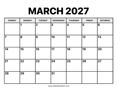 March Calendar 2027