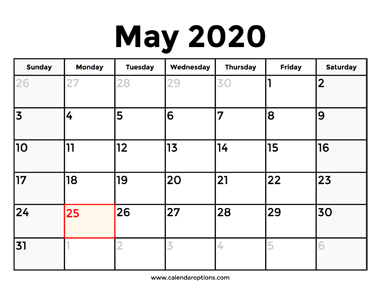 May 2020 Calendar With Holidays