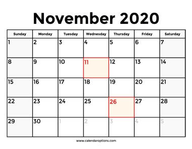 November 2020 Calendar With Holidays