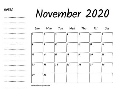 November 2020 Printable Calendar