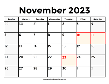 November 2023 Calendar With Holidays