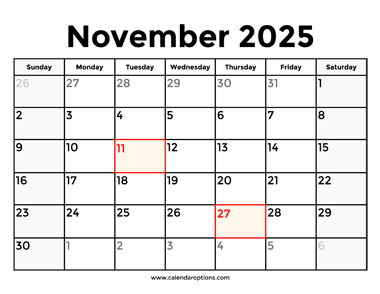 November 2025 Calendar With Holidays