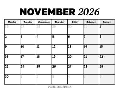 November 2026 Calendar Monday Start