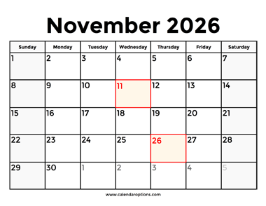 November 2026 Calendar With Holidays