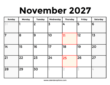 November 2027 Calendar With Holidays