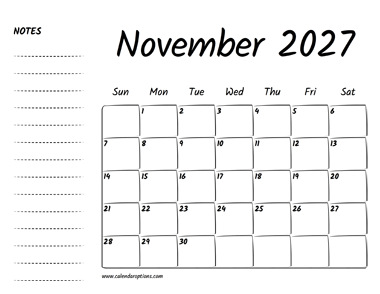 November 2027 Printable Calendar