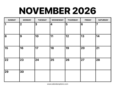 November Calendar 2026