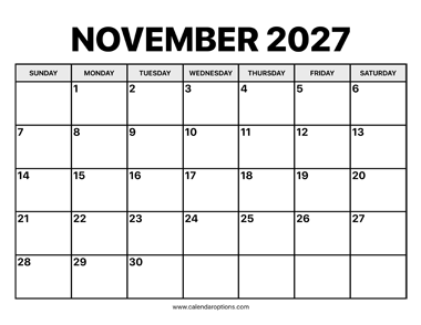 November Calendar 2027
