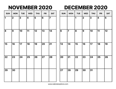 November and December 2020 Calendar