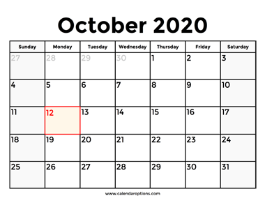 October 2020 Calendar With Holidays