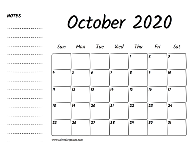 October 2020 Printable Calendar