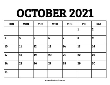 October 2021 Calendar Printable