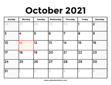 October 2021 Calendar With Holidays